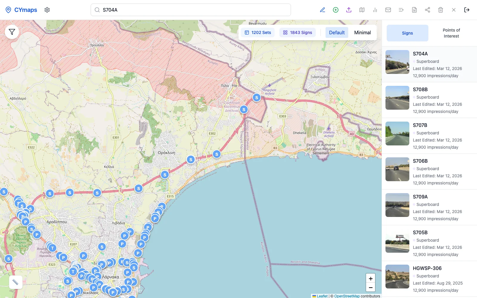 Searching a sign by code zooms the map to its location and highlights it in the list