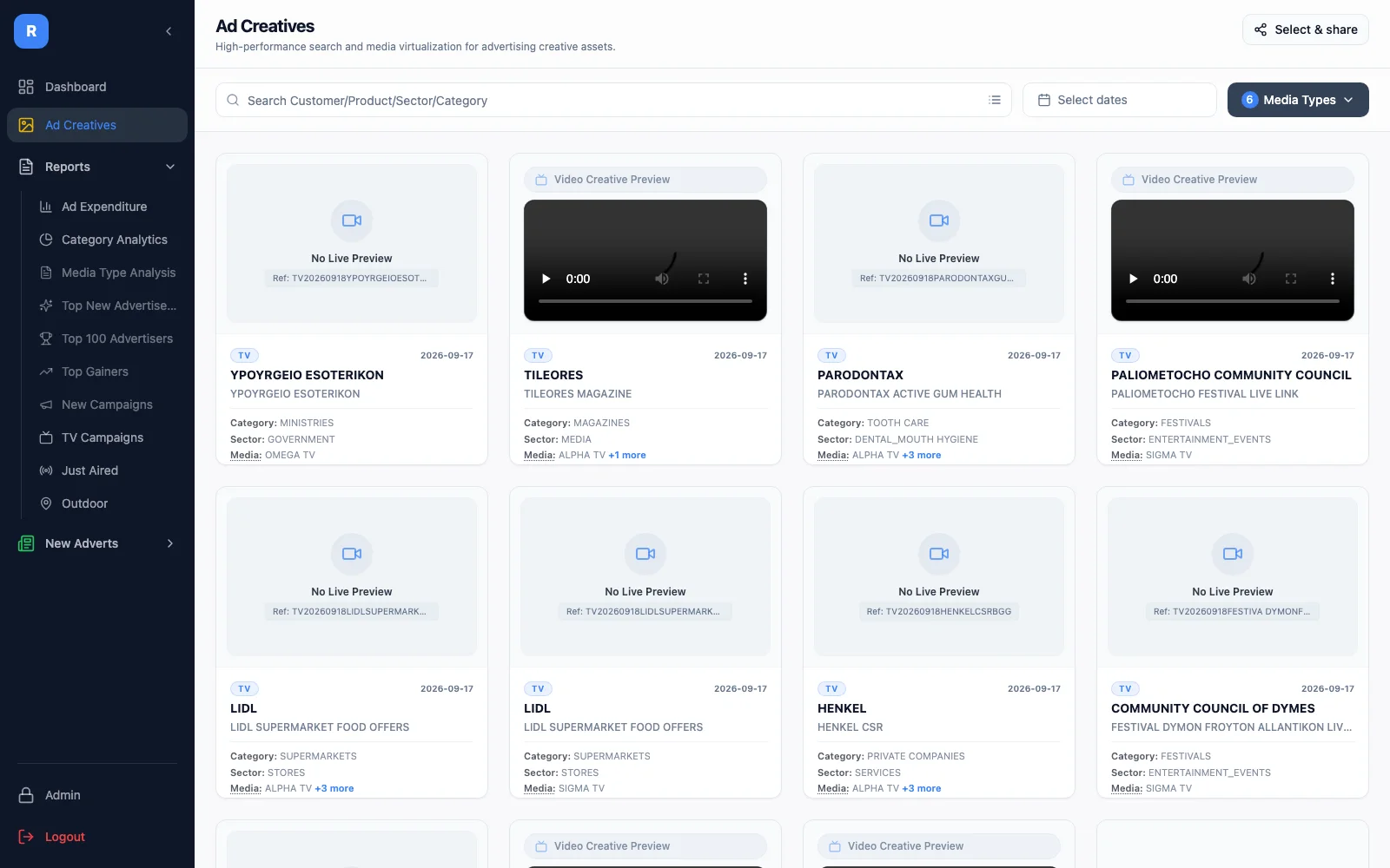 Ad creatives gallery: searchable TV, radio and print creatives with category, sector and media, and a select-and-share action