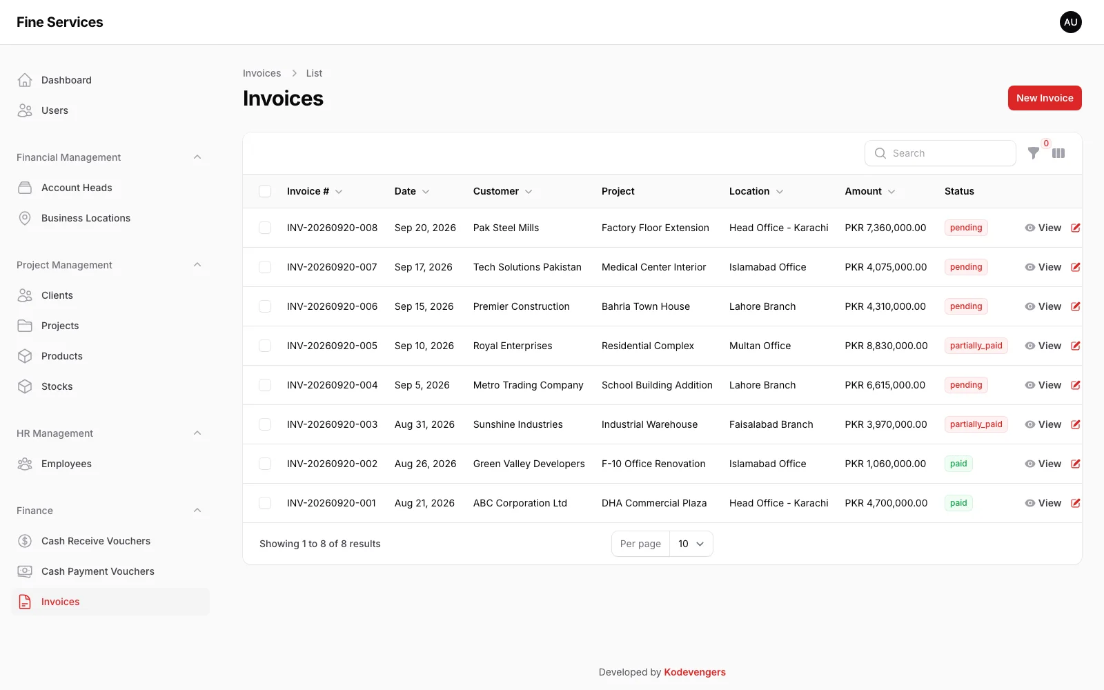 Invoices list with customer, project, location, amount and payment status